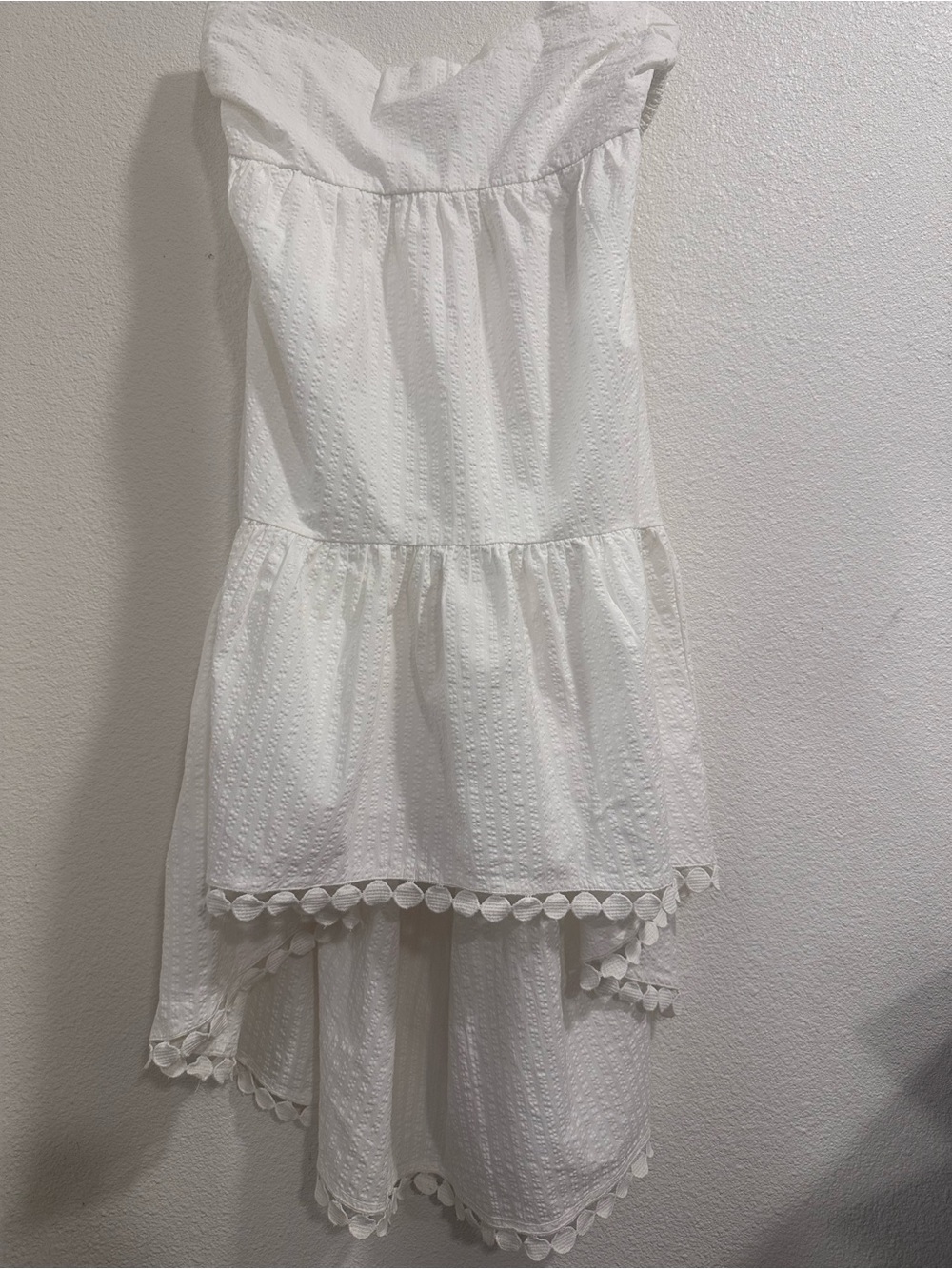 Anthropologie White Pom-Pom Tiered Strapless Dress